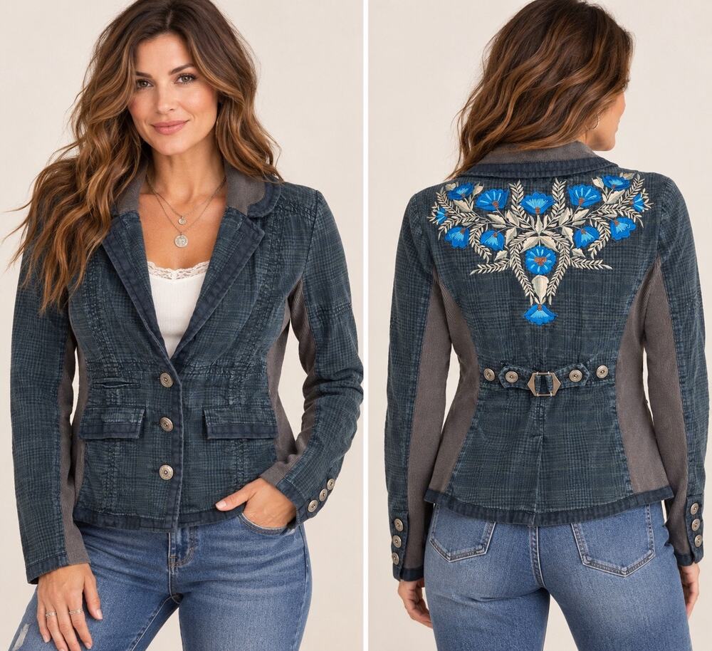 Free People Blue Plaid Floral Embroidered Utility Blazer Jacket Boho